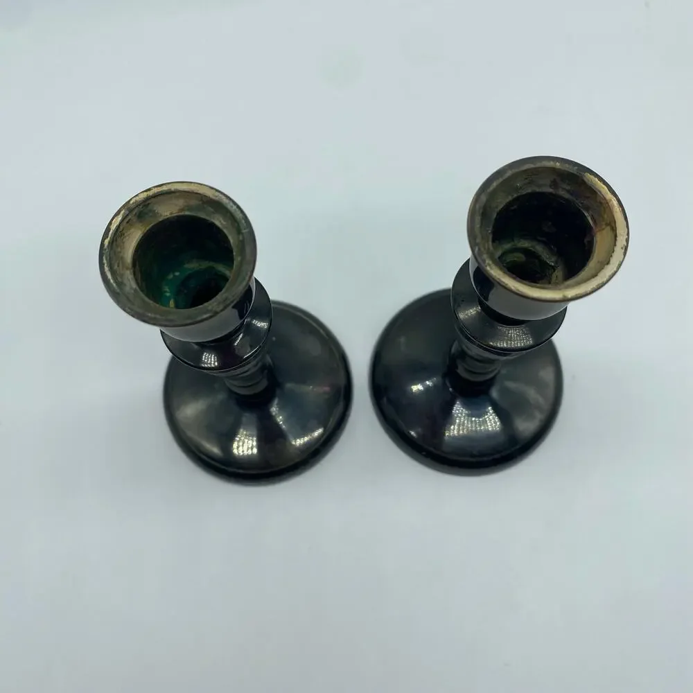 Mid Century Modern Silver Etched Japanese Candlestick Holders Vintage Asian Art